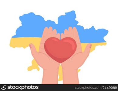 Donating to help ukrainian refugees and armed forces 2D vector isolated illustration. Love for Ukraine flat first view hand on cartoon background. Colourful scene for mobile, website, presentation. Donating to help ukrainian refugees and armed forces 2D vector isolated illustration