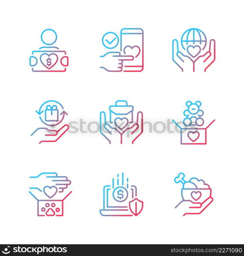 Donating to multiple charities gradient linear vector icons set. Fundraising event. Charitable organization. Thin line contour symbol designs bundle. Isolated outline illustrations collection. Donating to multiple charities gradient linear vector icons set
