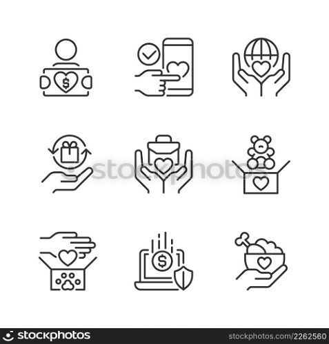 Donating to multiple charities pixel perfect linear icons set. Fundraising event. Charitable organization. Customizable thin line symbols. Isolated vector outline illustrations. Editable stroke. Donating to multiple charities pixel perfect linear icons set