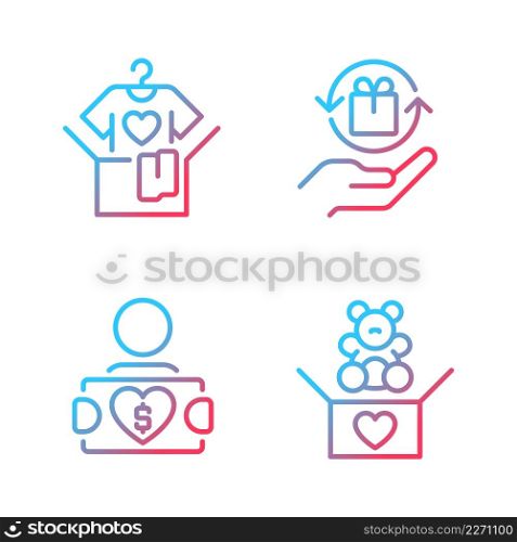Donating used goods gradient linear vector icons set. Second hand clothes. Charitable group. Send toys to orphanage. Thin line contour symbol designs bundle. Isolated outline illustrations collection. Donating used goods gradient linear vector icons set