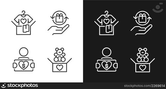 Donating used goods pixel perfect linear icons set for dark, light mode. Second hand clothes. Charitable group. Thin line symbols for night, day theme. Isolated illustrations. Editable stroke. Donating used goods pixel perfect linear icons set for dark, light mode