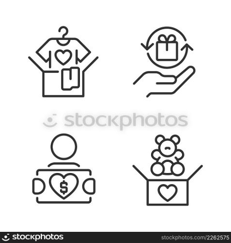 Donating used goods pixel perfect linear icons set. Second hand clothes. Charitable group. Send toys. Customizable thin line symbols. Isolated vector outline illustrations. Editable stroke. Donating used goods pixel perfect linear icons set