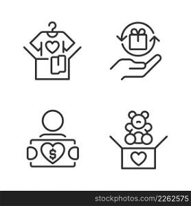 Donating used goods pixel perfect linear icons set. Second hand clothes. Charitable group. Send toys. Customizable thin line symbols. Isolated vector outline illustrations. Editable stroke. Donating used goods pixel perfect linear icons set