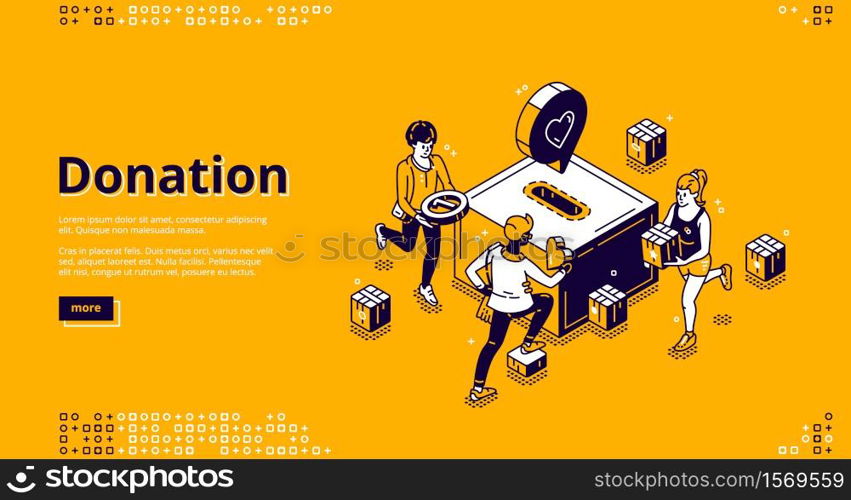 Donation and charity isometric landing page. People put coins into huge money box slot. Volunteering and social help concept, solidarity and foundation aid, philanthropy 3d vector line art web banner. Donation and charity isometric landing page banner