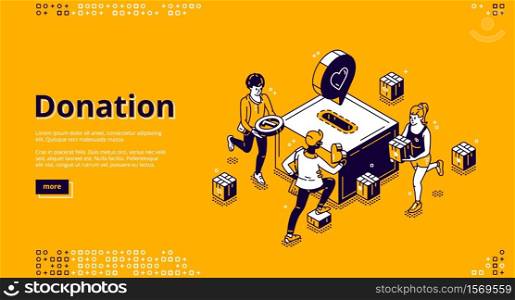 Donation and charity isometric landing page. People put coins into huge money box slot. Volunteering and social help concept, solidarity and foundation aid, philanthropy 3d vector line art web banner. Donation and charity isometric landing page banner