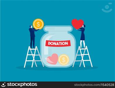 Donation bottle with golden coins and dollar banknotes. Charity, donate help and aid concept. Vector illustration