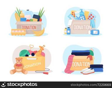 Donation box 2D vector isolated illustration set. Meds for charity. Food and clothing for poor flat composition on cartoon background. Non profit organization colourful scene bundle. Donation box 2D vector isolated illustration set