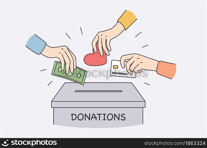 Donation box and charity concept. Human hands putting money cash love and heart to donation box together helping doing charity vector illustration. Donation box and charity concept