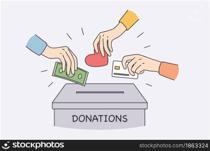 Donation box and charity concept. Human hands putting money cash love and heart to donation box together helping doing charity vector illustration. Donation box and charity concept