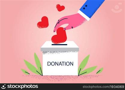 Donation box and love concept. Human hand putting red hearts to donation box with lettering for needing people vector illustration . Donation box and love concept