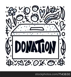 Donation box. Donate lettering with coin and other decoration. Vector color illustration.