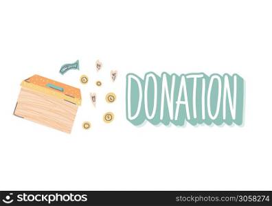 Donation box emblem. Donate lettering with coin and other decoration. Vector color illustration.