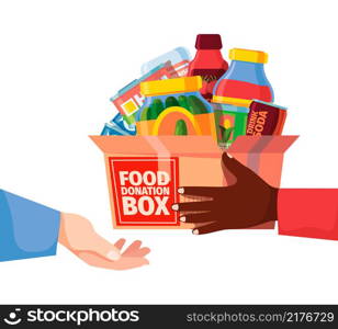Donation box. Food packages and grocery containers donation volunteers community help campaign canned products garish vector illustrations. Box charity and donation, donate from volunteer. Donation box. Food packages and grocery containers donation volunteers community help campaign canned products garish vector illustrations
