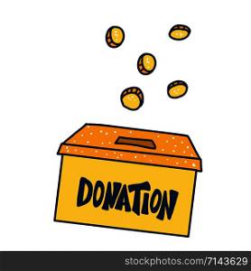 Donation box isolated. Donate lettering with coin and other decoration. Vector color illustration.