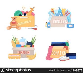 Donation box semi flat color vector item set. Full realistic object on white. Supply for humanitarian aid isolated modern cartoon style illustration for graphic design and animation. Donation box semi flat color vector item set