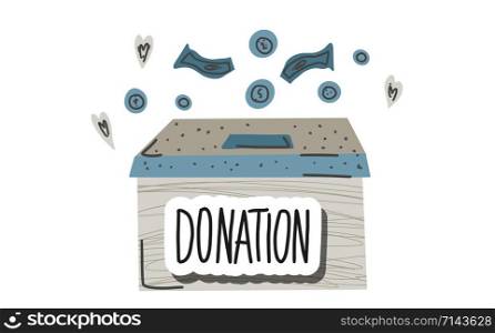 Donation box with sticker text isolated on white background. Donate lettering with coin and other decoration. Vector conceptual illustration.