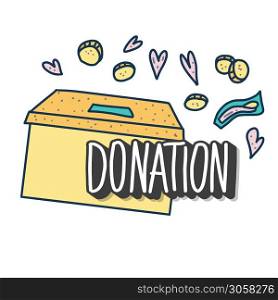 Donation box with text emblem. Donate lettering with coin and other decoration. Vector color illustration.