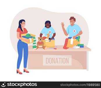 Donation center visit 2D vector isolated illustration. Non profit foundation help. Happy volunteers flat characters on cartoon background. Contributing to social service organizations colourful scene. Donation center visit 2D vector isolated illustration