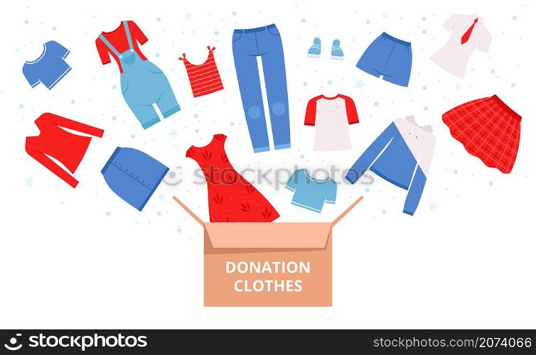 Donation clothes. Help urban needed clothes sweaters dresses pants for poor people nowaday vector illustrations in cartoon style. Charity and donation, help and give. Donation clothes. Help urban needed clothes sweaters dresses pants for poor people nowaday vector illustrations in cartoon style