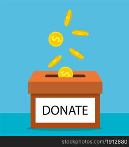 donation concept. Donate money with box Business, finance. coins depositing in a carton box. Vector illustration in flat style. Donate money with box