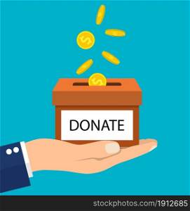 donation concept. Donate money with box Business, finance. coins depositing in a carton box. Vector illustration in flat style. Donate money with box