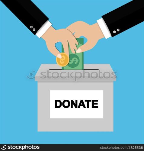 Donation concept. Hand putting money bill in to the donation box.