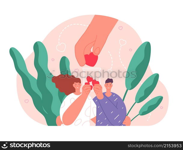 Donation concept. Love share, volunteer collect support or social help. Hand with heart, financially helping for people. Philanthropy utter vector scene. Illustration of love and sharing charity. Donation concept. Love share, volunteer collect support or social help. Hand with heart, financially helping for people. Philanthropy utter vector scene