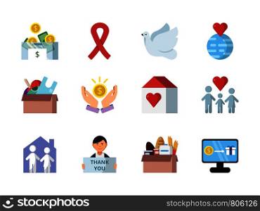 Donation, gifts and other different symbols of charities. Donation and charity, donate money and giving. Vector illustration. Donation, gifts and other different symbols of charities