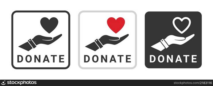 Donation icons. Heart badges on the hand. Charity icons. Donations related signs. Vector illustration