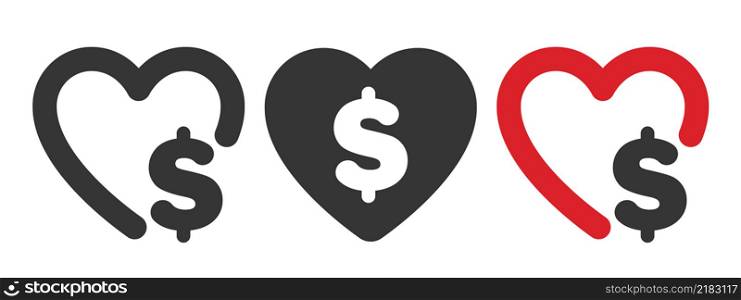 Donation icons. Heart with a dollar sign. Charity icons. Donations related signs. Vector illustration
