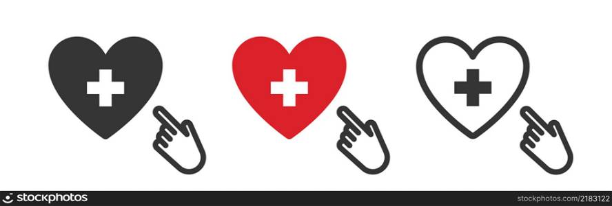 Donation icons. Heart with cross. Charity icons. Donations related signs. Vector illustration