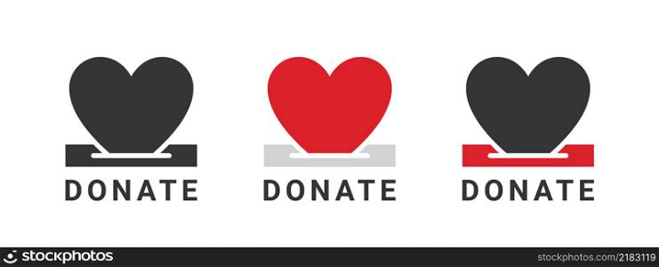 Donation icons. Hearts donation badges. Charity icons. Donations related signs. Vector illustration