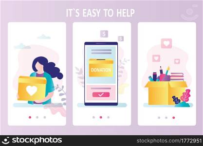 Donation mobile app. Set of web pages template. Woman philanthropist holds box with donations. Volunteer raises funds to a charity fund. Financial support. Female helping people. Vector illustration. Donation mobile app. Set of web pages template. Woman philanthropist holds box with donations. Financial support.