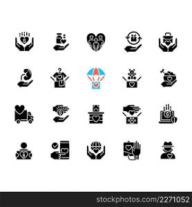 Donation opportunities black glyph icons set on white space. Giving items away for free. Charitable organization. Philanthropy. Silhouette symbols. Solid pictogram pack. Vector isolated illustration. Donation opportunities black glyph icons set on white space