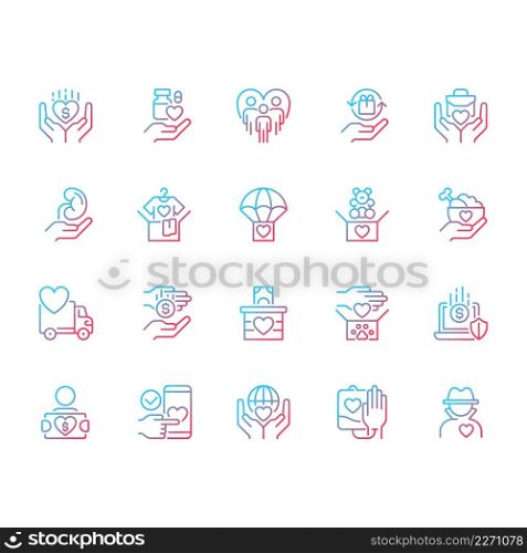 Donation opportunities gradient linear vector icons set. Giving items away for free. Charitable organization. Thin line contour symbol designs bundle. Isolated outline illustrations collection. Donation opportunities gradient linear vector icons set