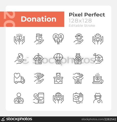 Donation opportunities pixel perfect linear icons set. Giving items away for free. Charitable organization. Customizable thin line symbols. Isolated vector outline illustrations. Editable stroke. Donation opportunities pixel perfect linear icons set