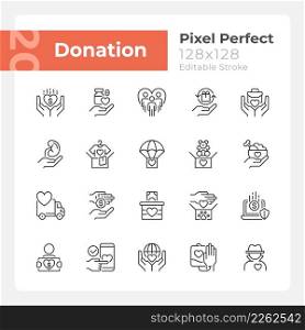 Donation opportunities pixel perfect linear icons set. Giving items away for free. Charitable organization. Customizable thin line symbols. Isolated vector outline illustrations. Editable stroke. Donation opportunities pixel perfect linear icons set