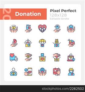 Donation opportunities pixel perfect RGB color icons set. Giving items away for free. Charitable organization. Isolated vector illustrations. Simple filled line drawings collection. Editable stroke. Donation opportunities pixel perfect RGB color icons set