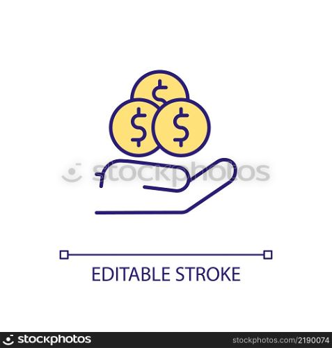 Donation RGB color icon. Financial support and grant. Sponsoring and funding. Support with cash. Isolated vector illustration. Simple filled line drawing. Editable stroke. Arial font used. Donation RGB color icon