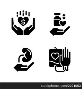 Donation to healthcare organizations black glyph icons set on white space. Donated organs and tissues. Safe medication disposal. Silhouette symbols. Solid pictogram pack. Vector isolated illustration. Donation to healthcare organizations black glyph icons set on white space
