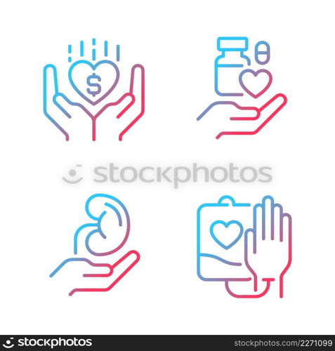 Donation to healthcare organizations gradient linear vector icons set. Donated organs. Safe medication disposal. Thin line contour symbol designs bundle. Isolated outline illustrations collection. Donation to healthcare organizations gradient linear vector icons set