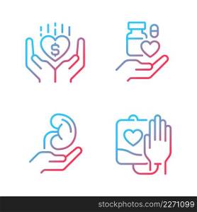 Donation to healthcare organizations gradient linear vector icons set. Donated organs. Safe medication disposal. Thin line contour symbol designs bundle. Isolated outline illustrations collection. Donation to healthcare organizations gradient linear vector icons set