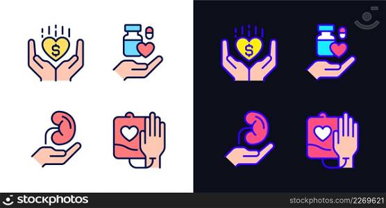 Donation to healthcare organizations pixel perfect light and dark theme color icons set. Safe medication disposal. Simple filled line drawings. Bright cliparts on white and black. Editable stroke. Donation to healthcare organizations pixel perfect light and dark theme color icons set