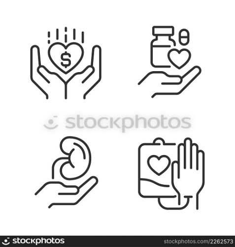 Donation to healthcare organizations pixel perfect linear icons set. Donated organs. Safe medication disposal. Customizable thin line symbols. Isolated vector outline illustrations. Editable stroke. Donation to healthcare organizations pixel perfect linear icons set