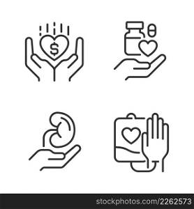 Donation to healthcare organizations pixel perfect linear icons set. Donated organs. Safe medication disposal. Customizable thin line symbols. Isolated vector outline illustrations. Editable stroke. Donation to healthcare organizations pixel perfect linear icons set