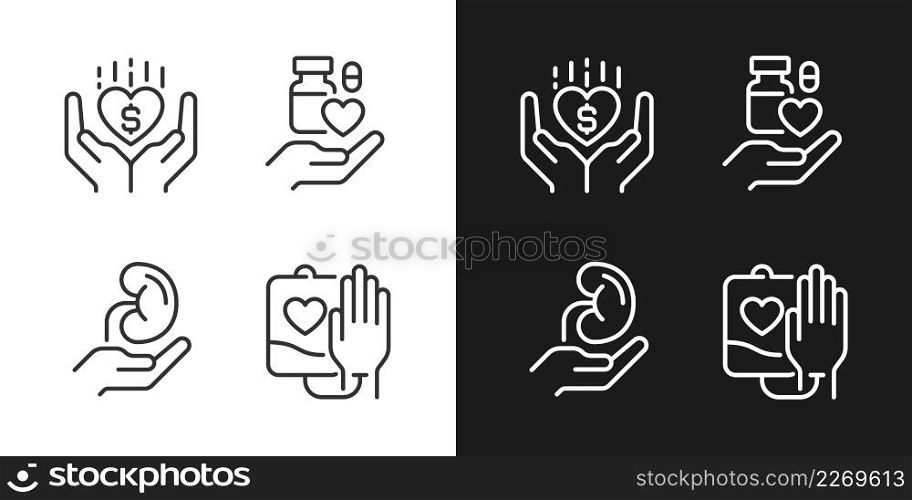 Donation to healthcare organizations pixel perfect linear icons set for dark, light mode. Safe medication disposal. Thin line symbols for night, day theme. Isolated illustrations. Editable stroke. Donation to healthcare organizations pixel perfect linear icons set for dark, light mode
