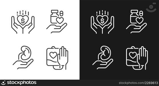 Donation to healthcare organizations pixel perfect linear icons set for dark, light mode. Safe medication disposal. Thin line symbols for night, day theme. Isolated illustrations. Editable stroke. Donation to healthcare organizations pixel perfect linear icons set for dark, light mode