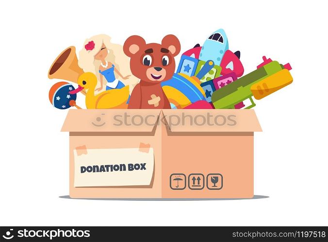 Donation toy box. Cardboard containers with social care and support for pure kids on white. Vector volunteer charity and help for support children and giving care concept. Donation toy box. Cardboard containers with social care and support for pure kids. Vector volunteer charity and help for children