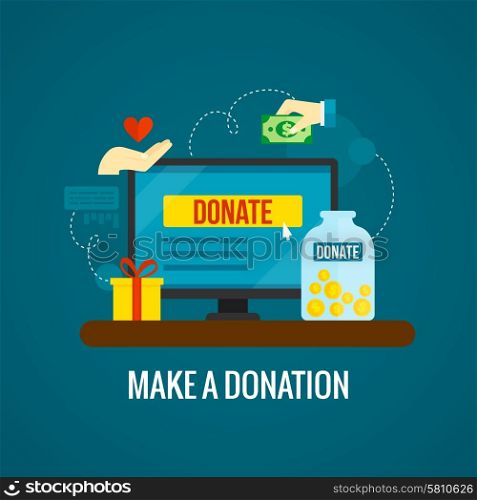 Donations and charity online concept with laptop icon on green background flat vector illustration . Donations online with laptop icon