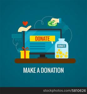 Donations and charity online concept with laptop icon on green background flat vector illustration . Donations online with laptop icon
